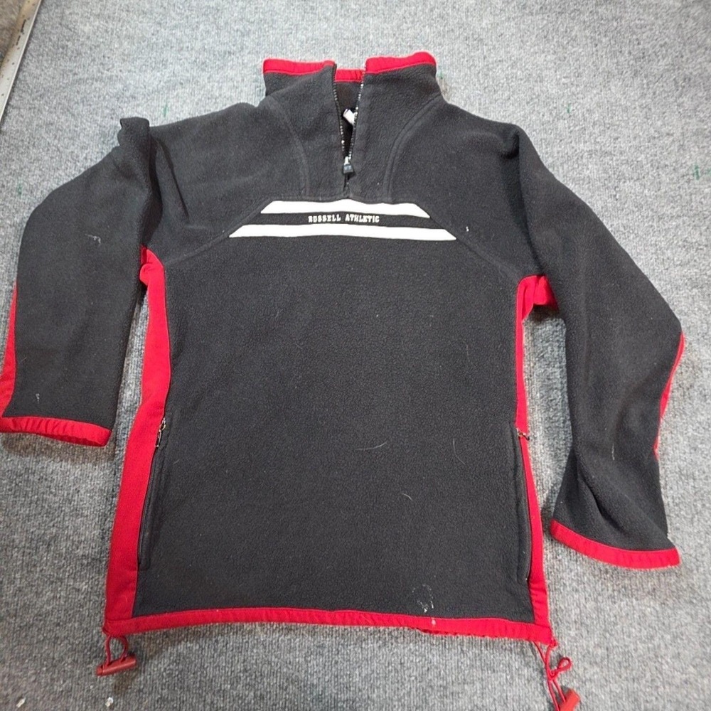 Russell Athletic Jacket Boys L 14-15 Black Red Fleece 1/4 Zip Pockets Pullover